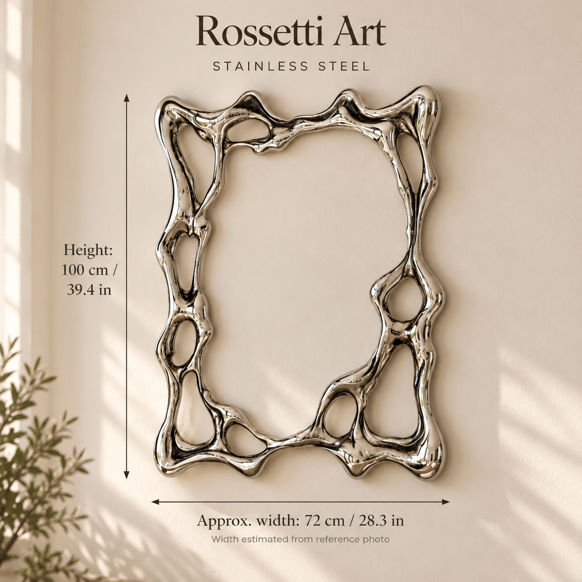 Silver Metal Wall Art – Liquid Mirror by Rossetti Art – size diagram 100 cm high, 72 cm wide