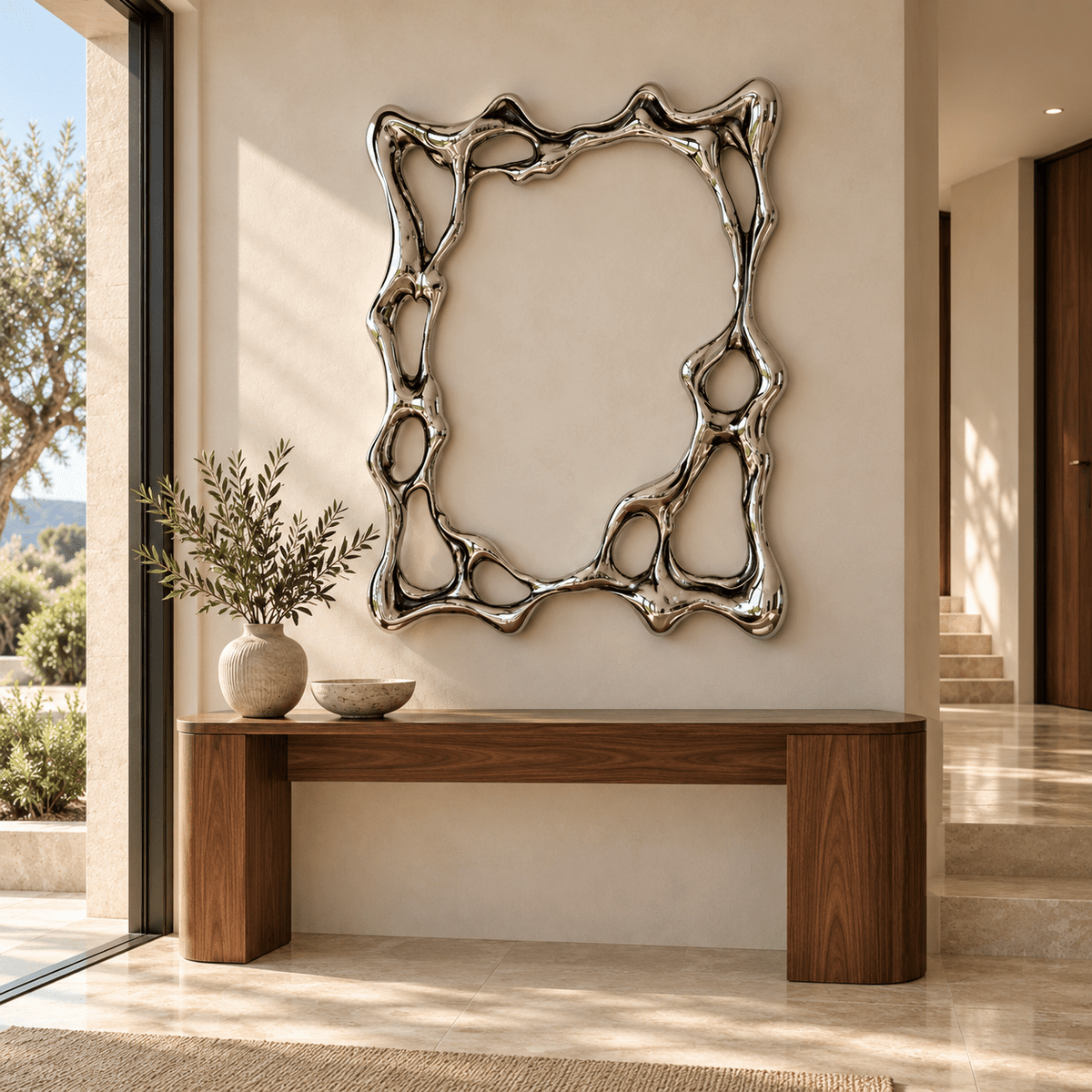 Silver Metal Wall Art – Liquid Mirror by Rossetti Art – liquid-metal wall sculpture above a console table in an entryway