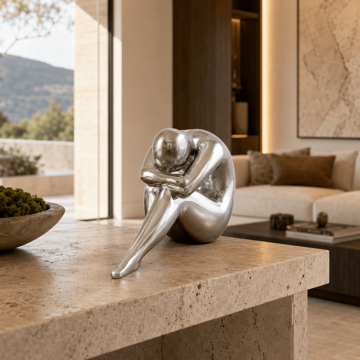 Seated Figure Sculpture Polished Steel