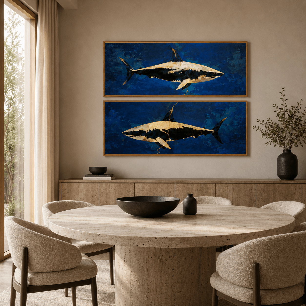 Shark Wall Art Set of 2 — Blue Current, horizontal marine canvas print room view 7