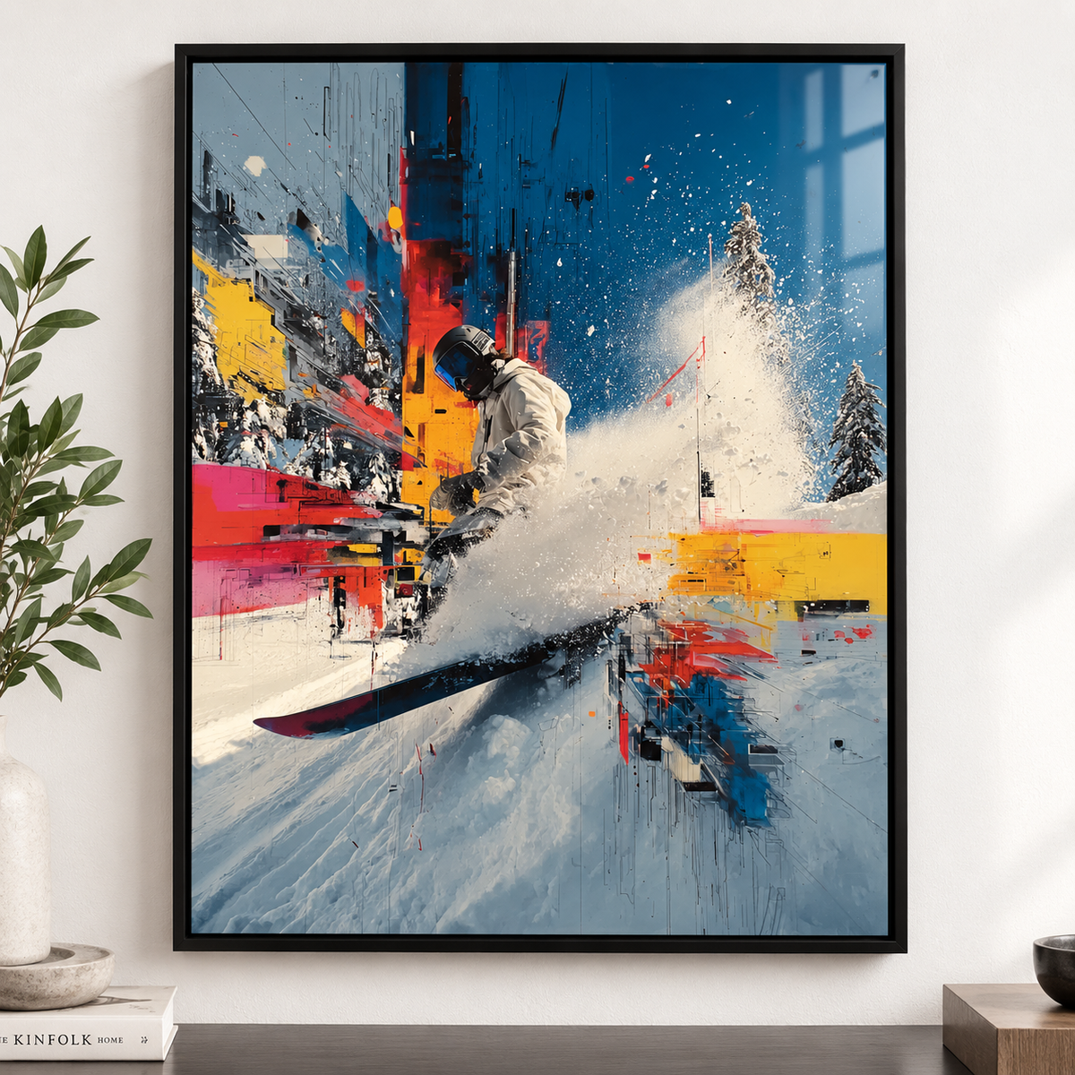 Ski Decor – Full Send framed acrylic print on a shelf by Rossetti Art