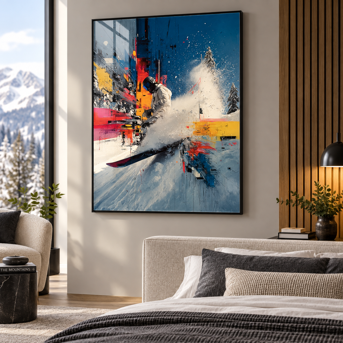 Ski Decor – Full Send acrylic print above a bed with mountain views by Rossetti Art