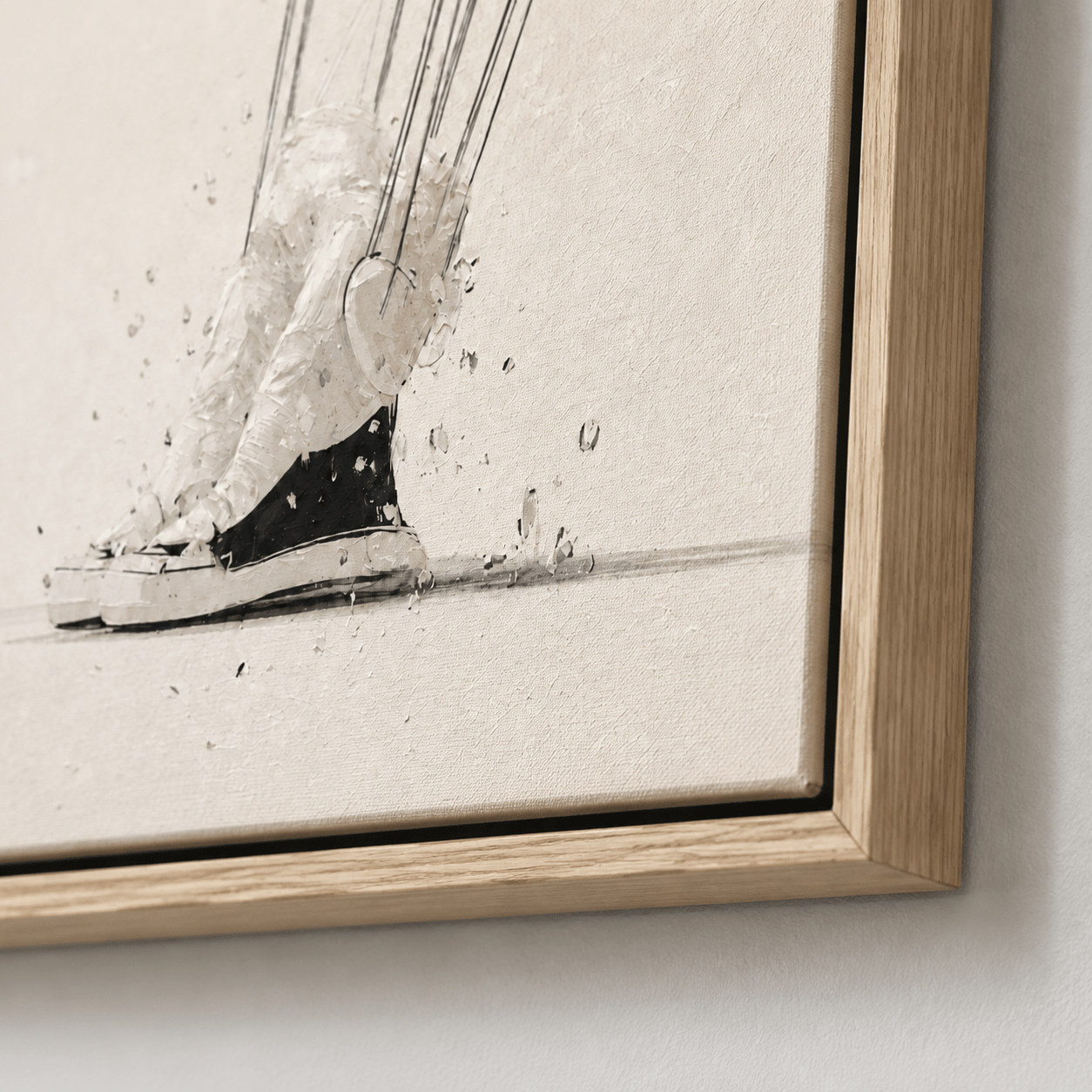 Close-up detail of Sneaker Painting – Stride Study showing the sketchy ink linework, paint-splatter texture, and oak-toned floater frame
