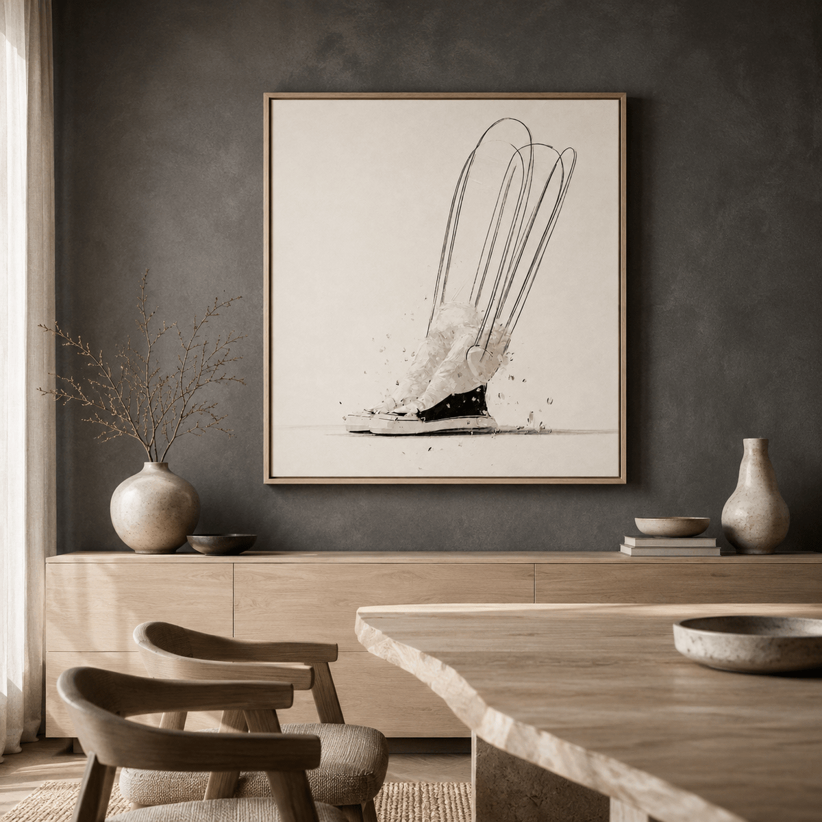 Sneaker Painting – Stride Study displayed on a dark charcoal dining room wall above a wood sideboard