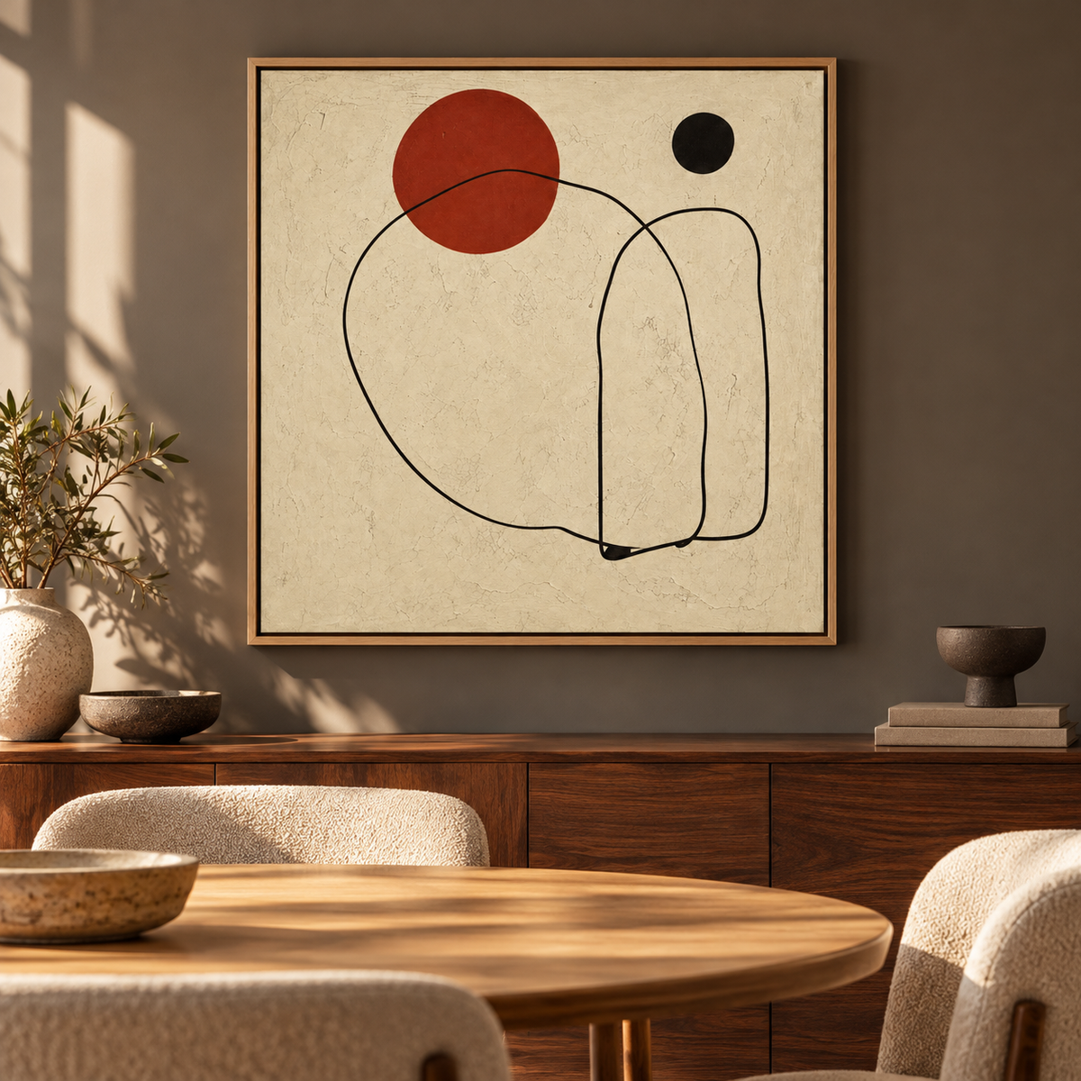 Square Abstract Wall Art – Quiet Contour by Rossetti Art – framed square abstract canvas above a walnut sideboard in a dining room