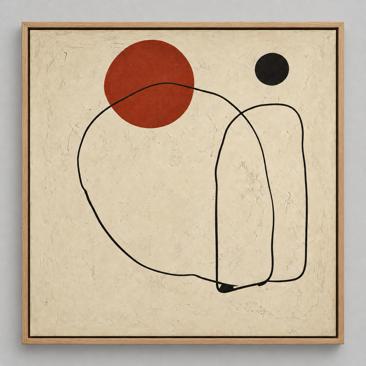 Square Abstract Wall Art – Quiet Contour by Rossetti Art – terracotta-red circle, black dot and flowing black line shapes on a cream textured ground, framed front view