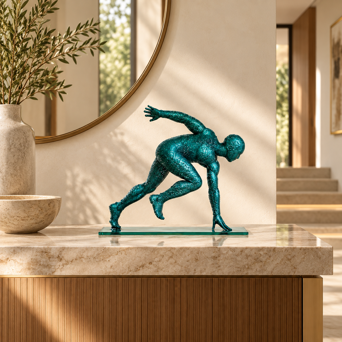 Stainless Steel Sculpture - First Stride in living room interior