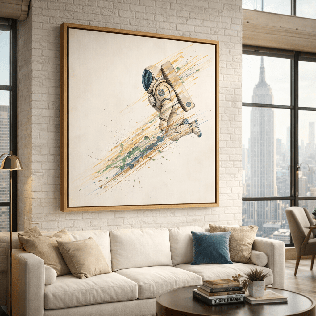 Stardust Descent Astronaut Canvas Print Art – Color Splash Space Wall Art, Modern Sci - Fi Decor, Gallery - Quality Framed Canvas by Rossetti Art modern abstract canvas wall art by Rossetti Art – luxury interior design artwork for living room, bedroom, office – canvas print art Chiara Rossetti figurative