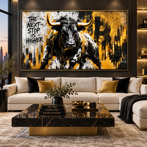 Stock market wall art – black and gold charging bull acrylic print over candlestick charts, front view, by Rossetti Art