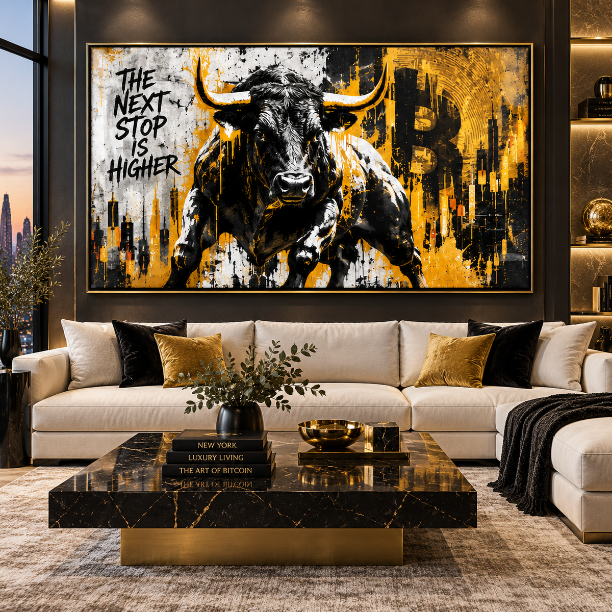 Stock market wall art – black and gold charging bull acrylic print over candlestick charts, front view, by Rossetti Art