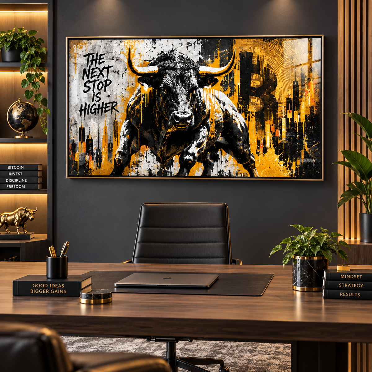 Stock market wall art – charging bull acrylic print in a black frame above a desk in a home office by Rossetti Art