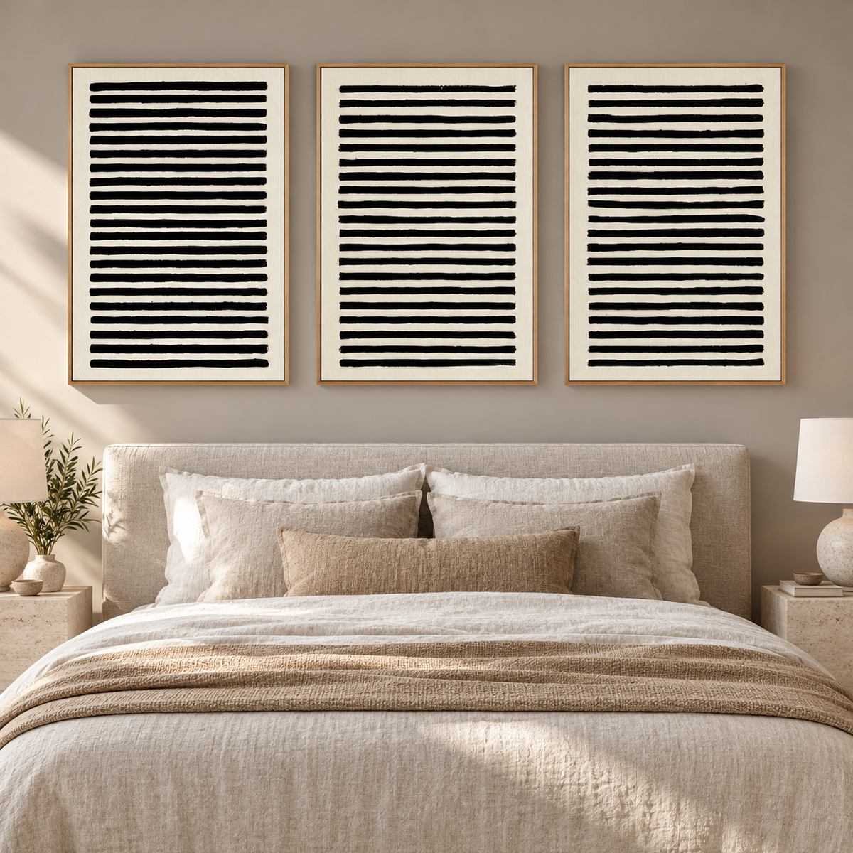 Stripe Wall Art Canvas Print Set of 3 – Ink Ledger above a bed in a bedroom by Rossetti Art