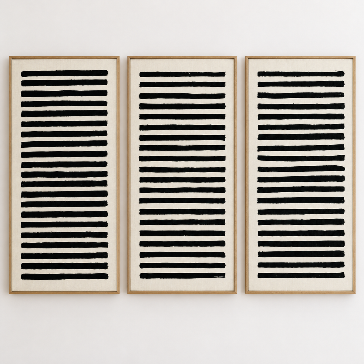 Stripe Wall Art Canvas Print Set of 3 – Ink Ledger three vertical framed panels, black stripes on ivory, by Rossetti Art