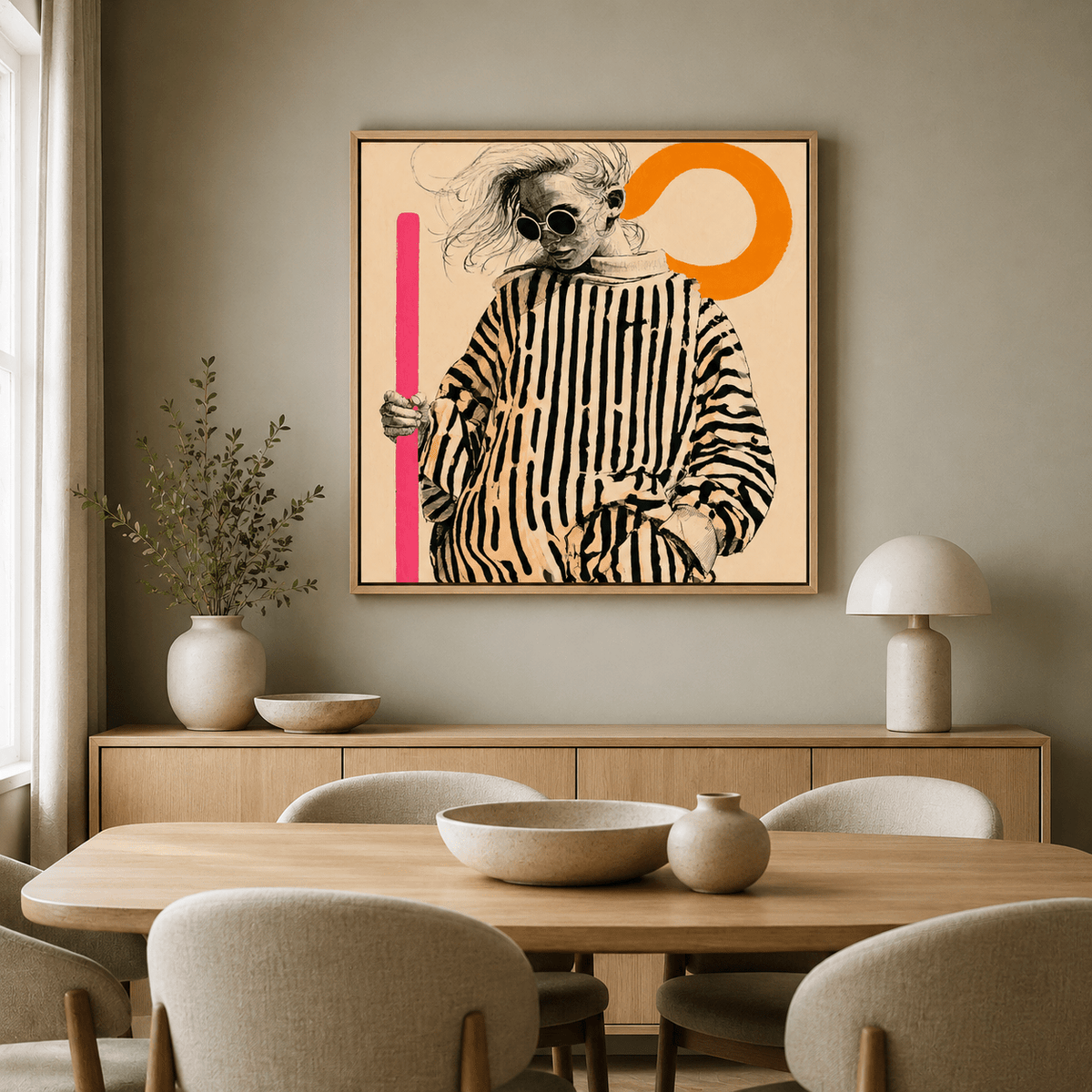 Striped wall art canvas print with poplar floater frame in a dining room – Monochrome Muse by Rossetti Art