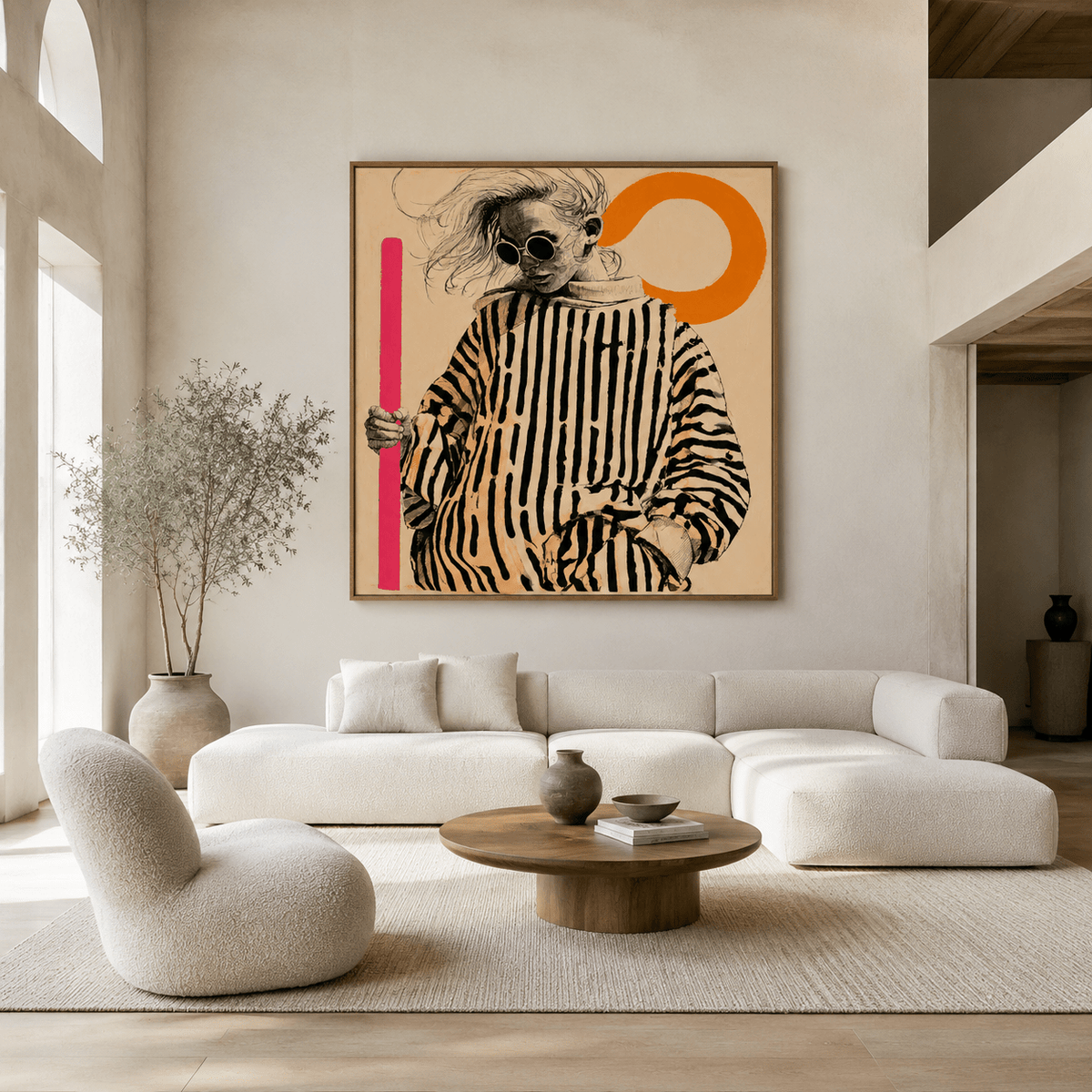 Striped wall art canvas print with poplar floater frame above a living room sofa – Monochrome Muse by Rossetti Art