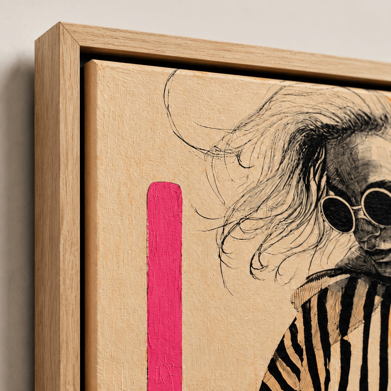 Close-up of the poplar floater frame and ink cross-hatch linework on Monochrome Muse striped wall art canvas