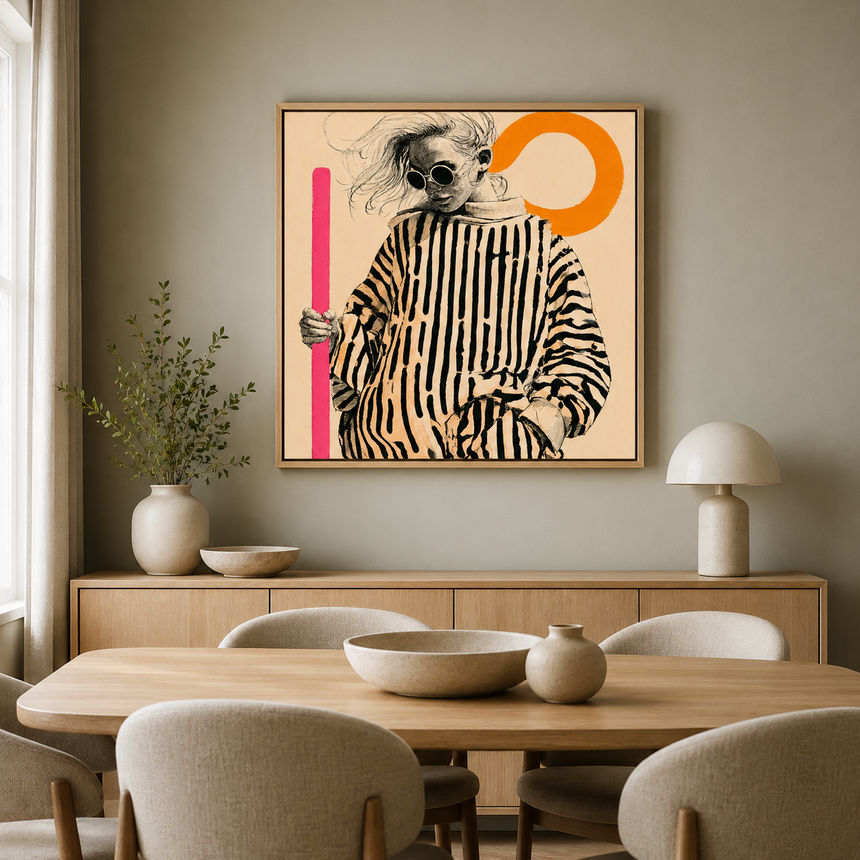 Striped wall art canvas print with poplar floater frame in a dining room – Monochrome Muse by Rossetti Art