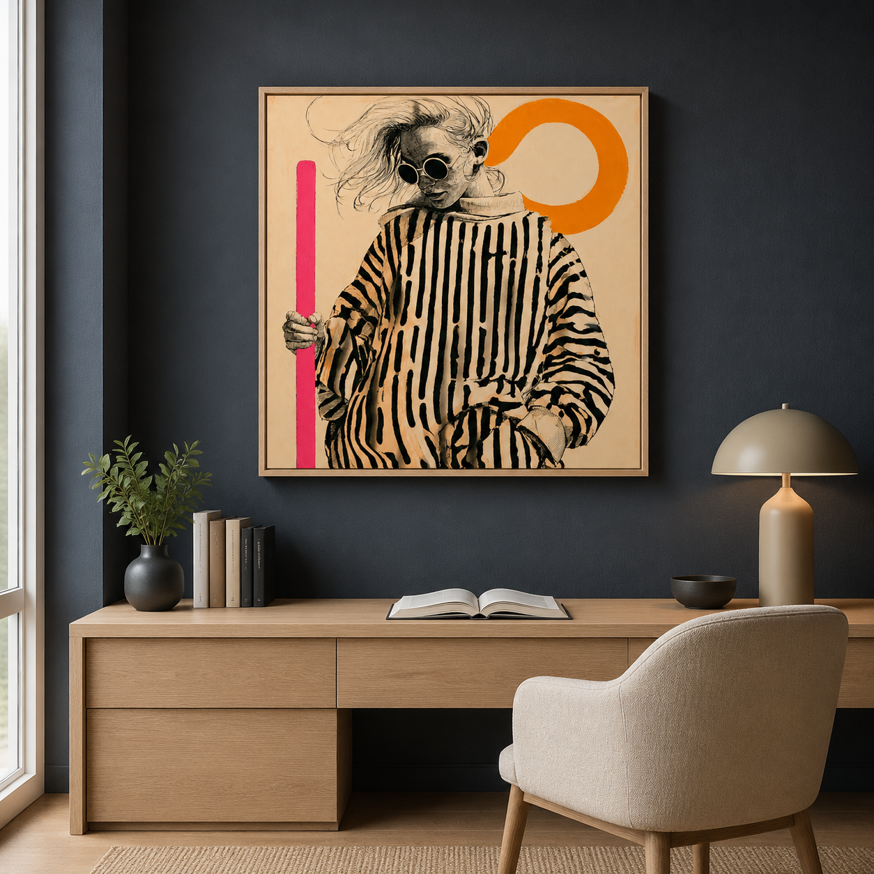 Striped wall art canvas print with poplar floater frame styled in a modern home office – Monochrome Muse by Rossetti Art