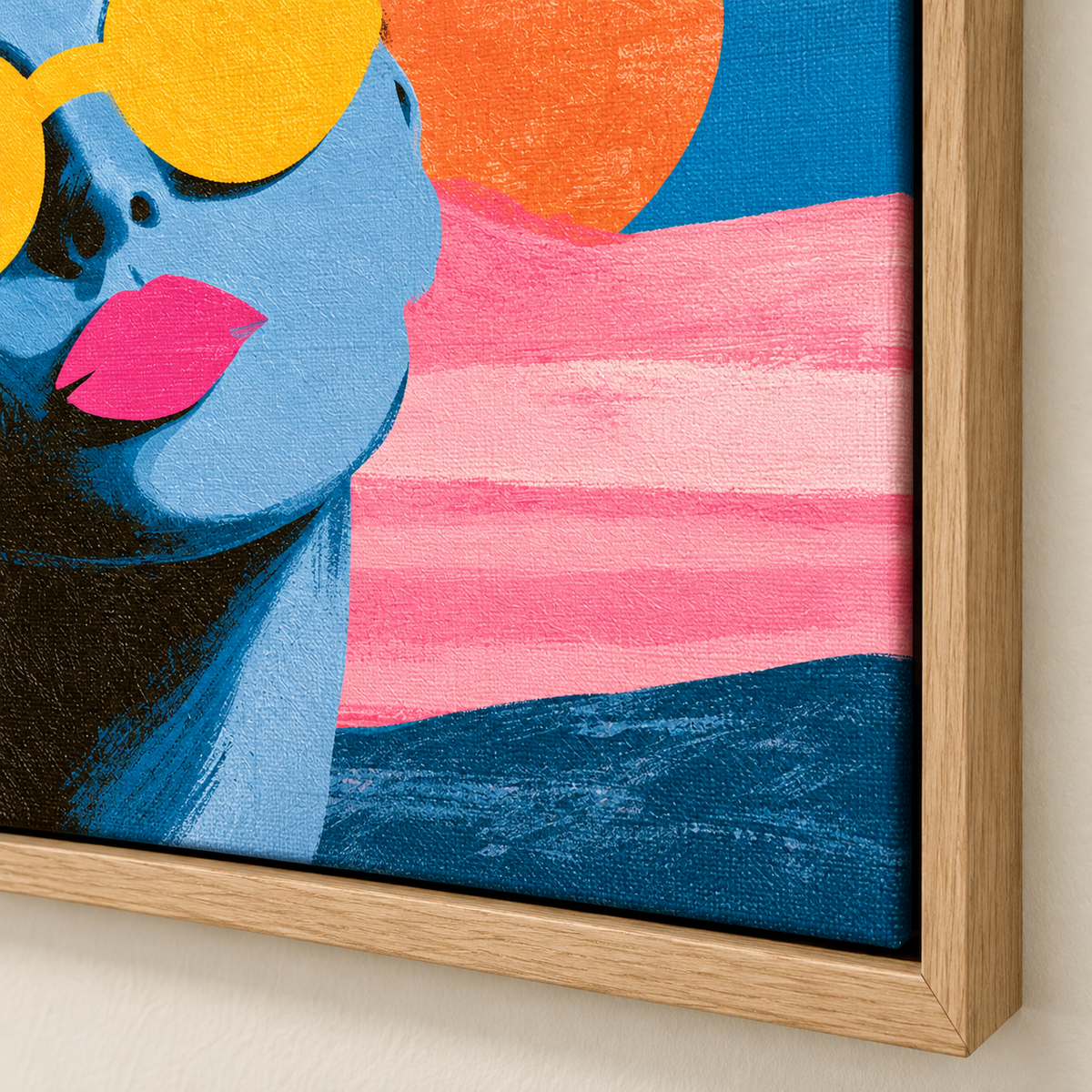 Summer Wall Art – Lemon Lens by Rossetti Art – close-up of the pink bands, blue hills and textured canvas at the framed corner