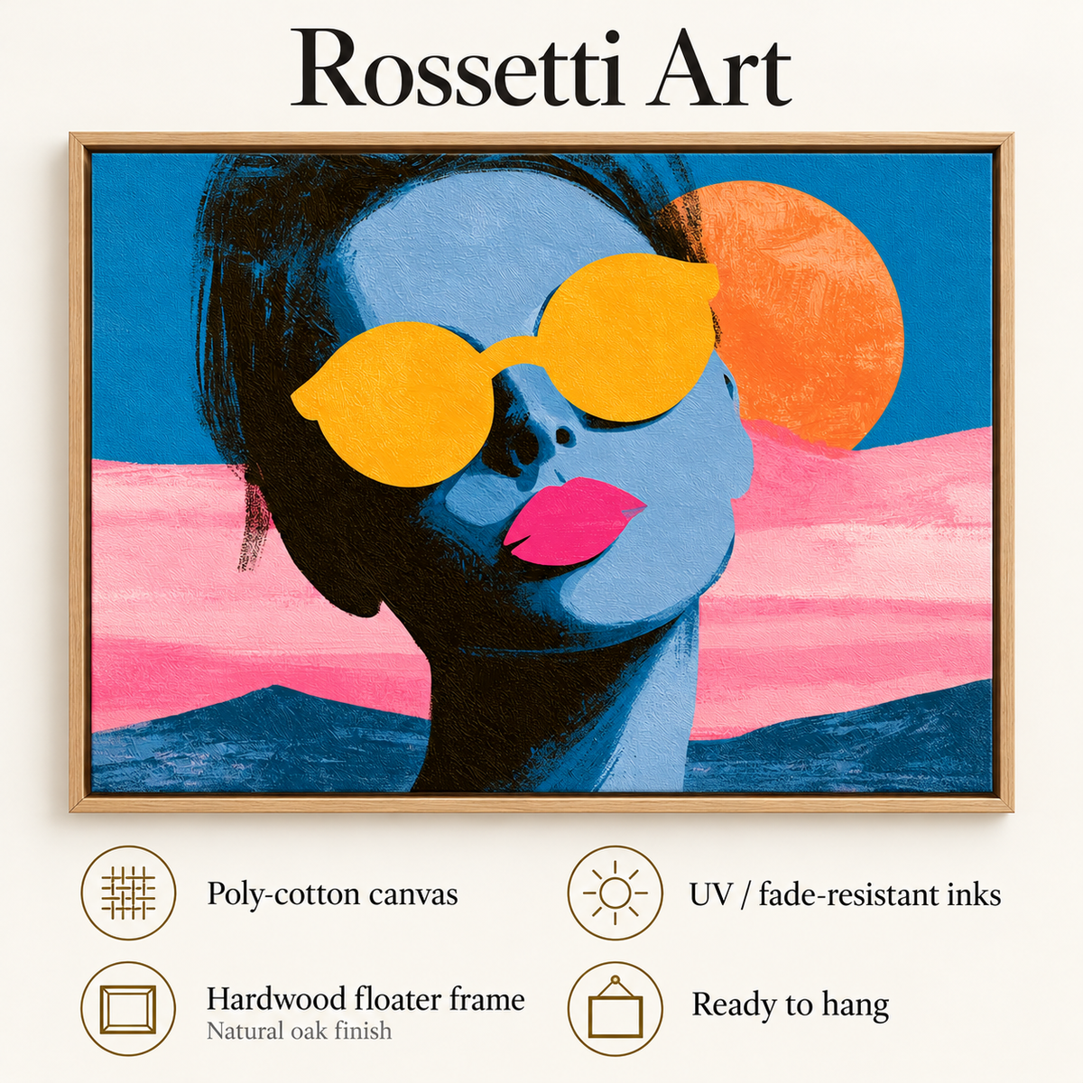 Summer Wall Art – Lemon Lens by Rossetti Art – poly-cotton canvas, UV and fade-resistant inks, hardwood floater frame, ready to hang