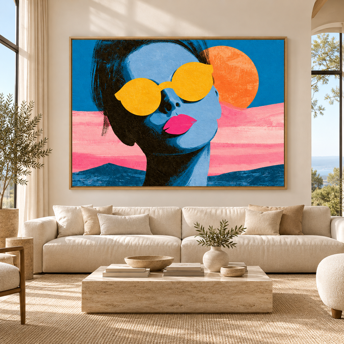 Summer Wall Art – Lemon Lens by Rossetti Art – oversized colorful pop art portrait above a cream sofa in a bright living room