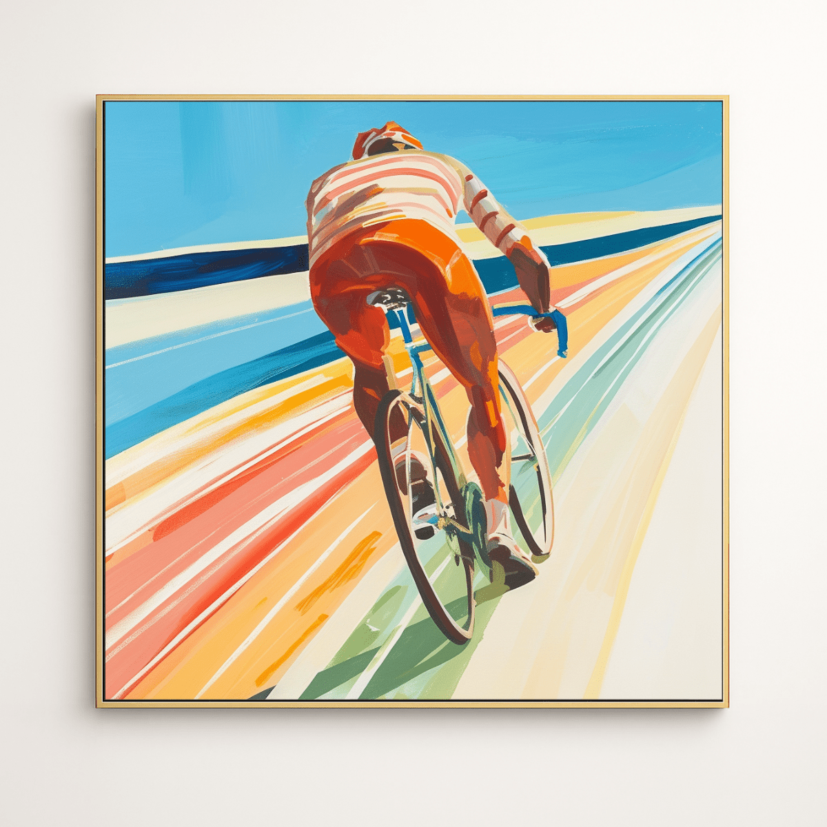 Sunlit Sprint – Colorful Cyclist Canvas Print Art | Modern Abstract Bike Wall Art by Chiara Rossetti modern abstract canvas wall art by Rossetti Art – luxury interior design artwork for living room, bedroom, office – canvas print art Chiara Rossetti Scandinavian interior art