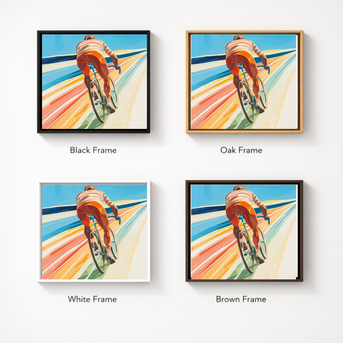 Sunlit Sprint – Colorful Cyclist Canvas Print Art | Modern Abstract Bike Wall Art by Chiara Rossetti modern abstract canvas wall art by Rossetti Art – luxury interior design artwork for living room, bedroom, office – canvas print art Chiara Rossetti Scandinavian interior art
