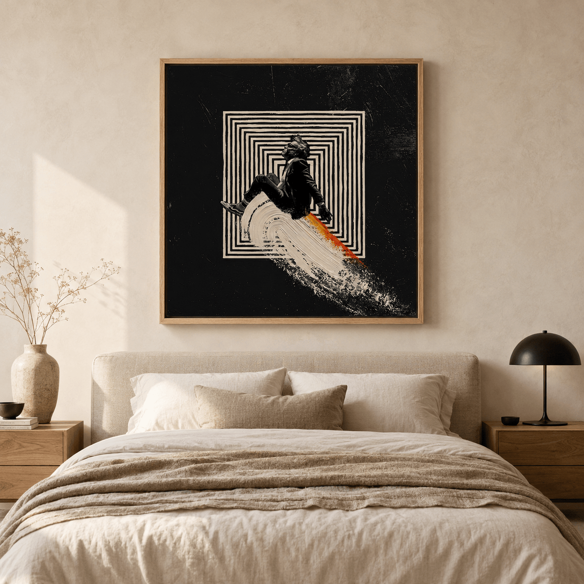 Surreal art painting of a suited figure riding a wave of paint through a maze – Undertow by Rossetti Art, above the bed in a neutral bedroom