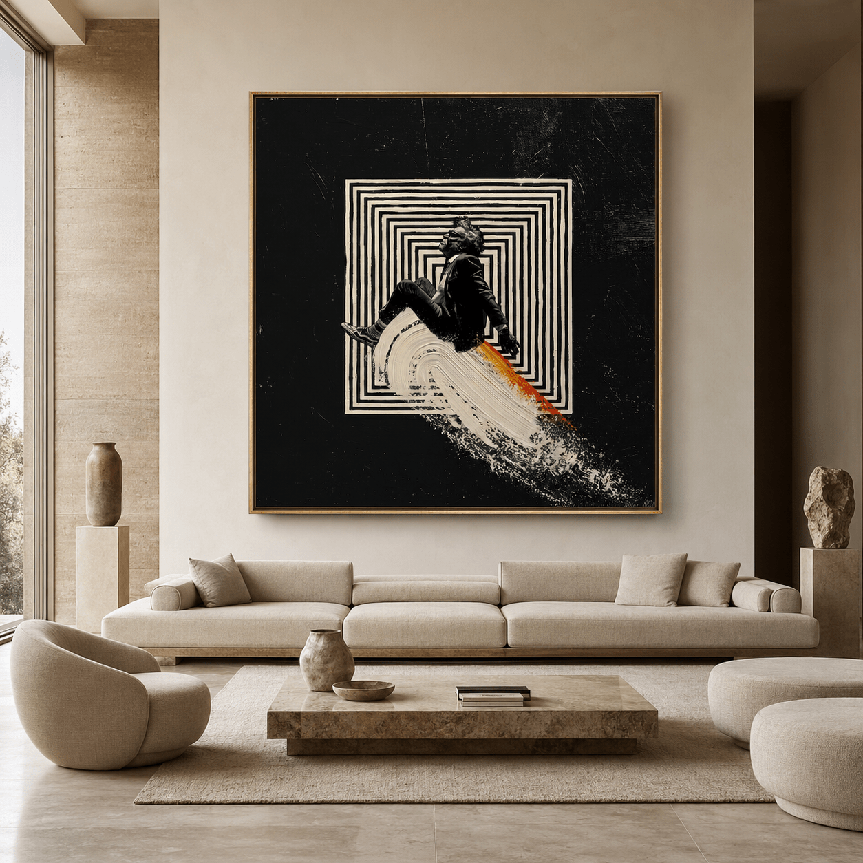 Surreal art painting of a suited figure riding a wave of paint through a maze – Undertow by Rossetti Art, in a modern living room