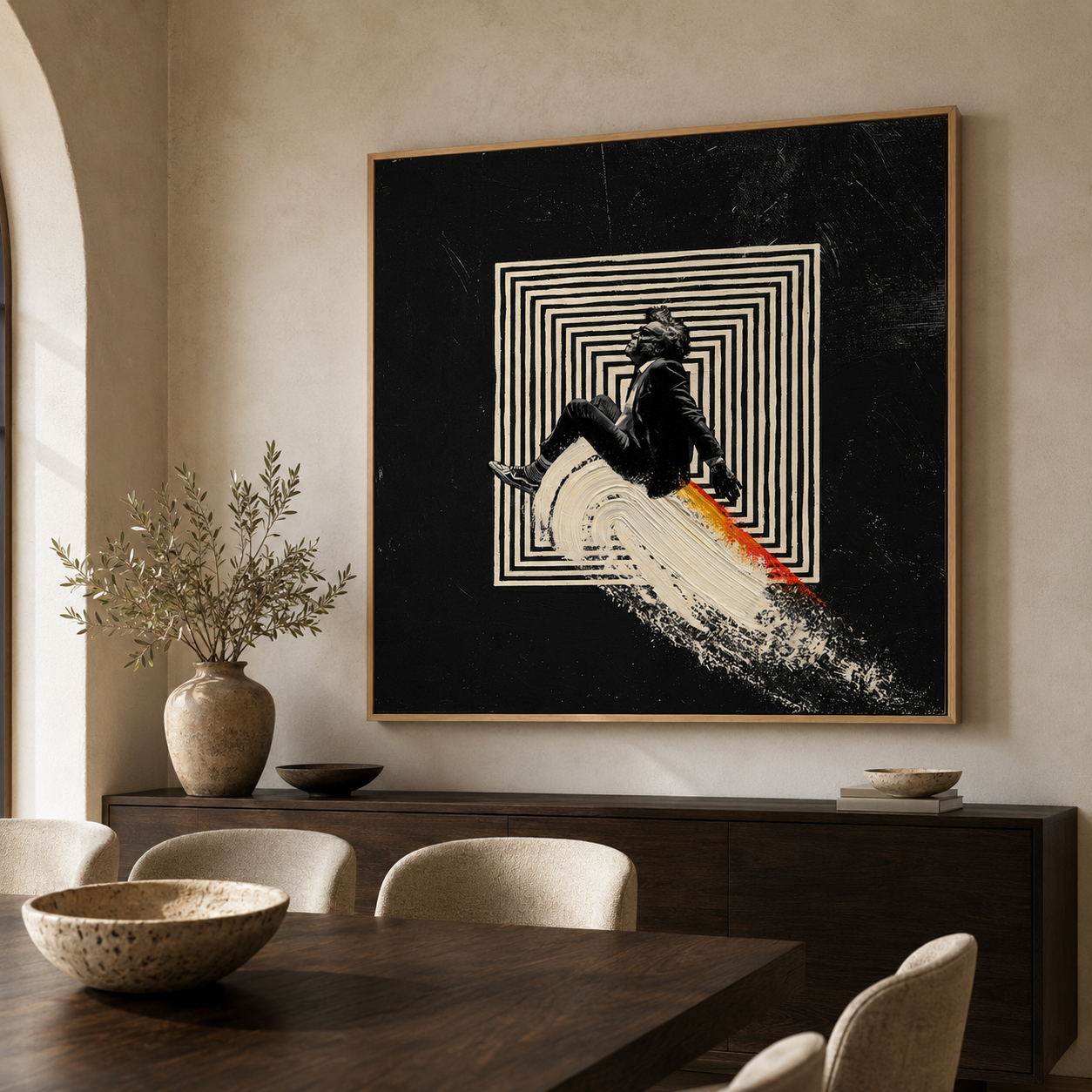 Surreal art painting of a suited figure riding a wave of paint through a maze – Undertow by Rossetti Art, above a dining room sideboard