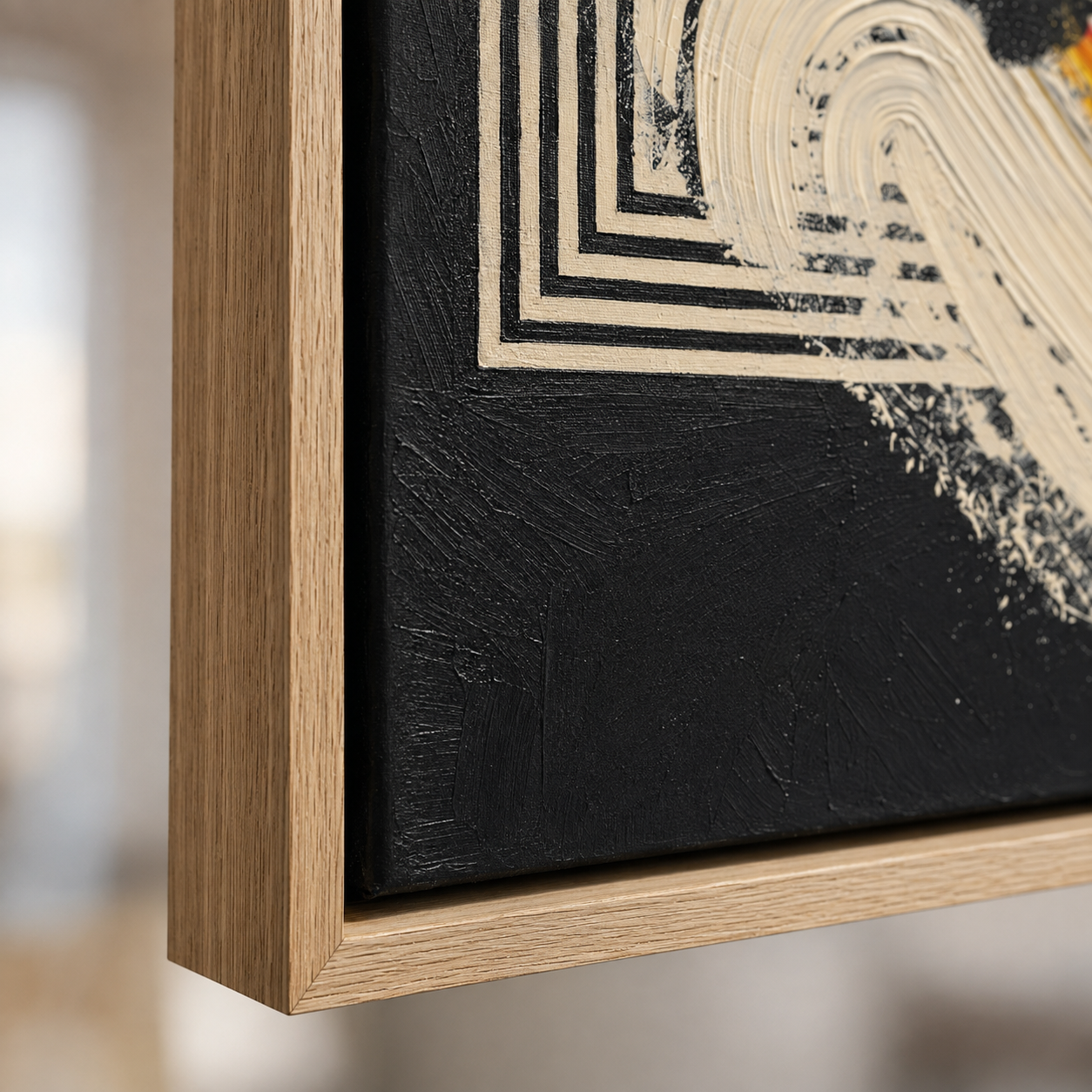 Close-up of the textured black canvas and natural oak frame corner – Undertow by Rossetti Art