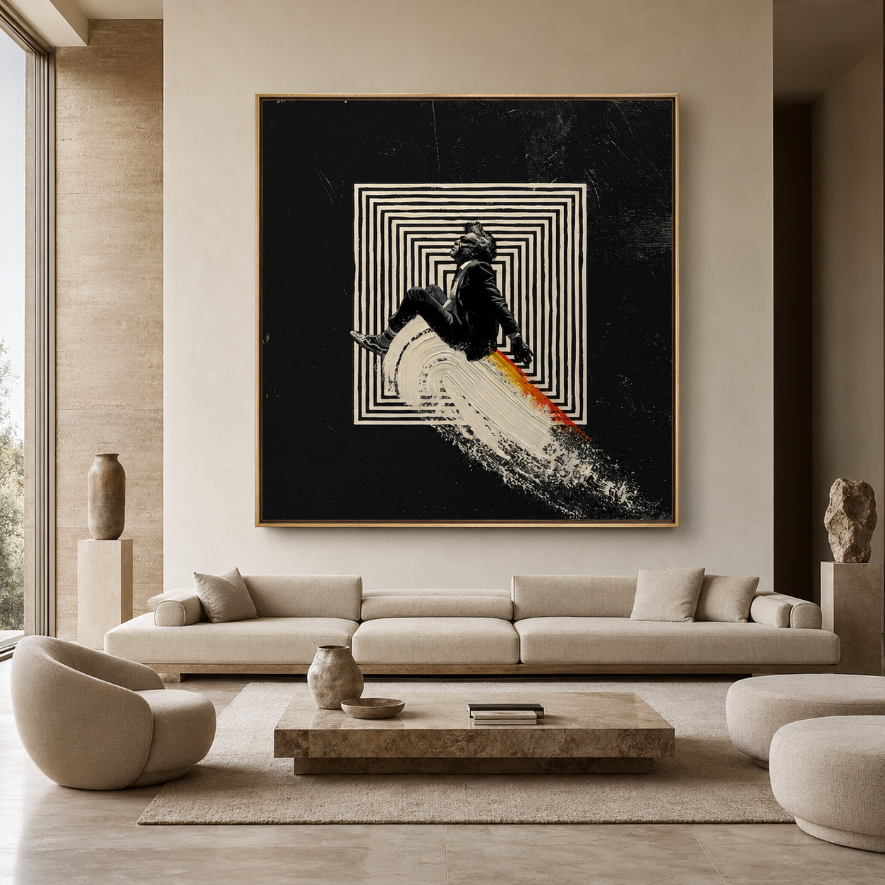 Surreal art painting of a suited figure riding a wave of paint through a maze – Undertow by Rossetti Art, in a modern living room