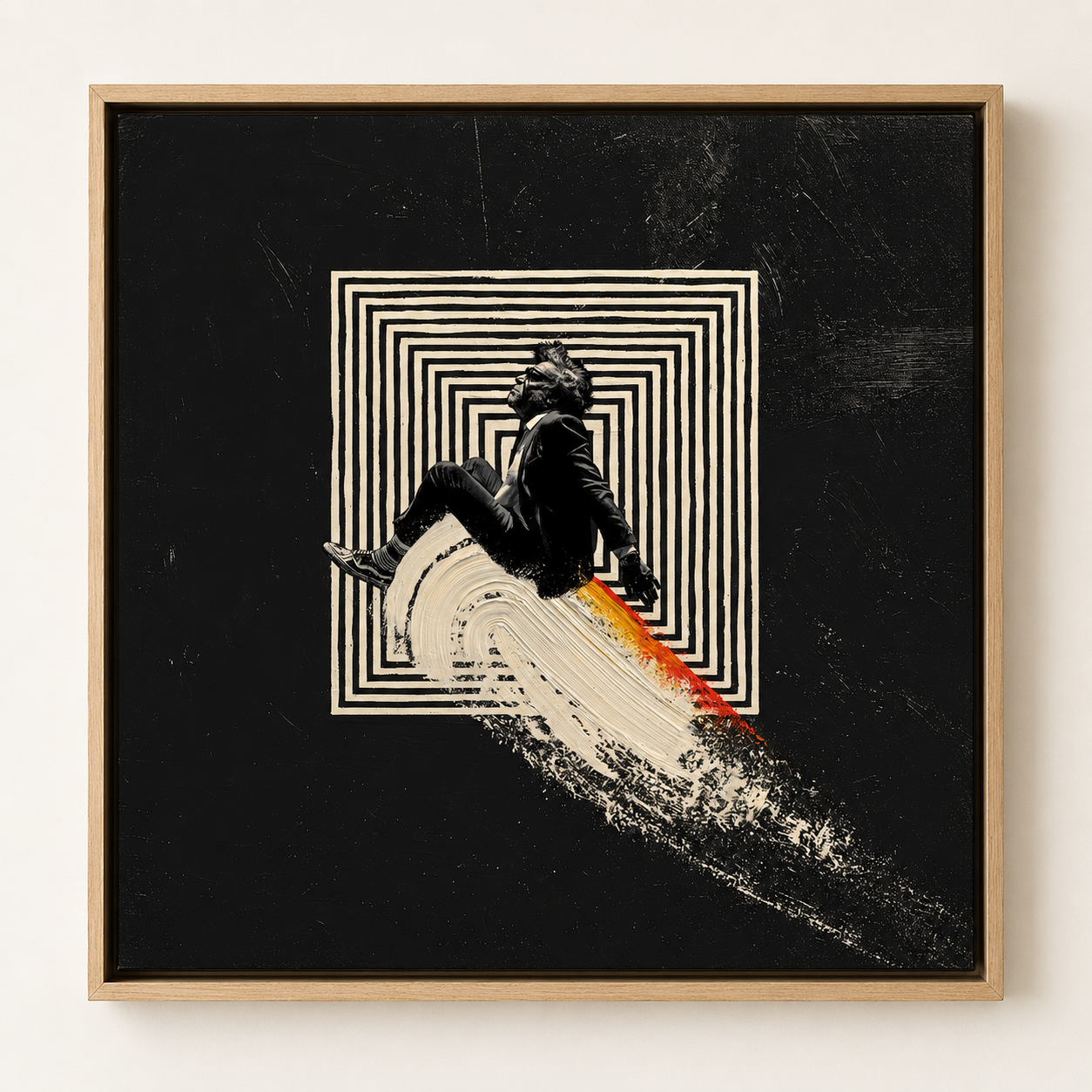 Surreal art painting of a suited figure riding a wave of white paint through a black and cream maze – Undertow by Rossetti Art, studio view