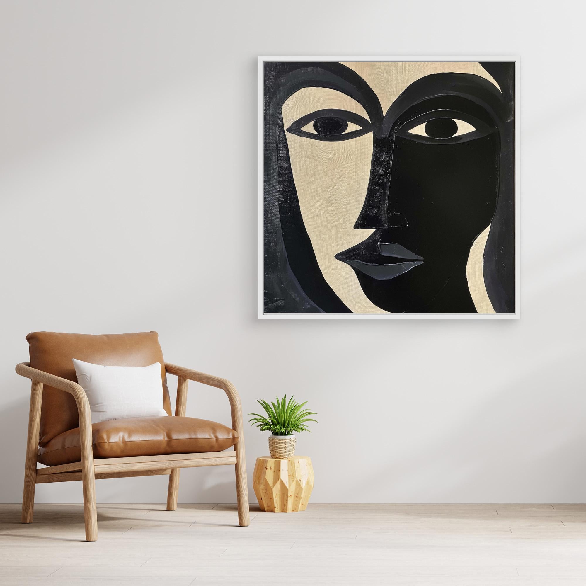 Divided Essence - Minimalist Black and White Abstract Face Art Print, Modern Portrait Wall Decor, Bold Contemporary Expressionist Artwork, Unique Canvas Design