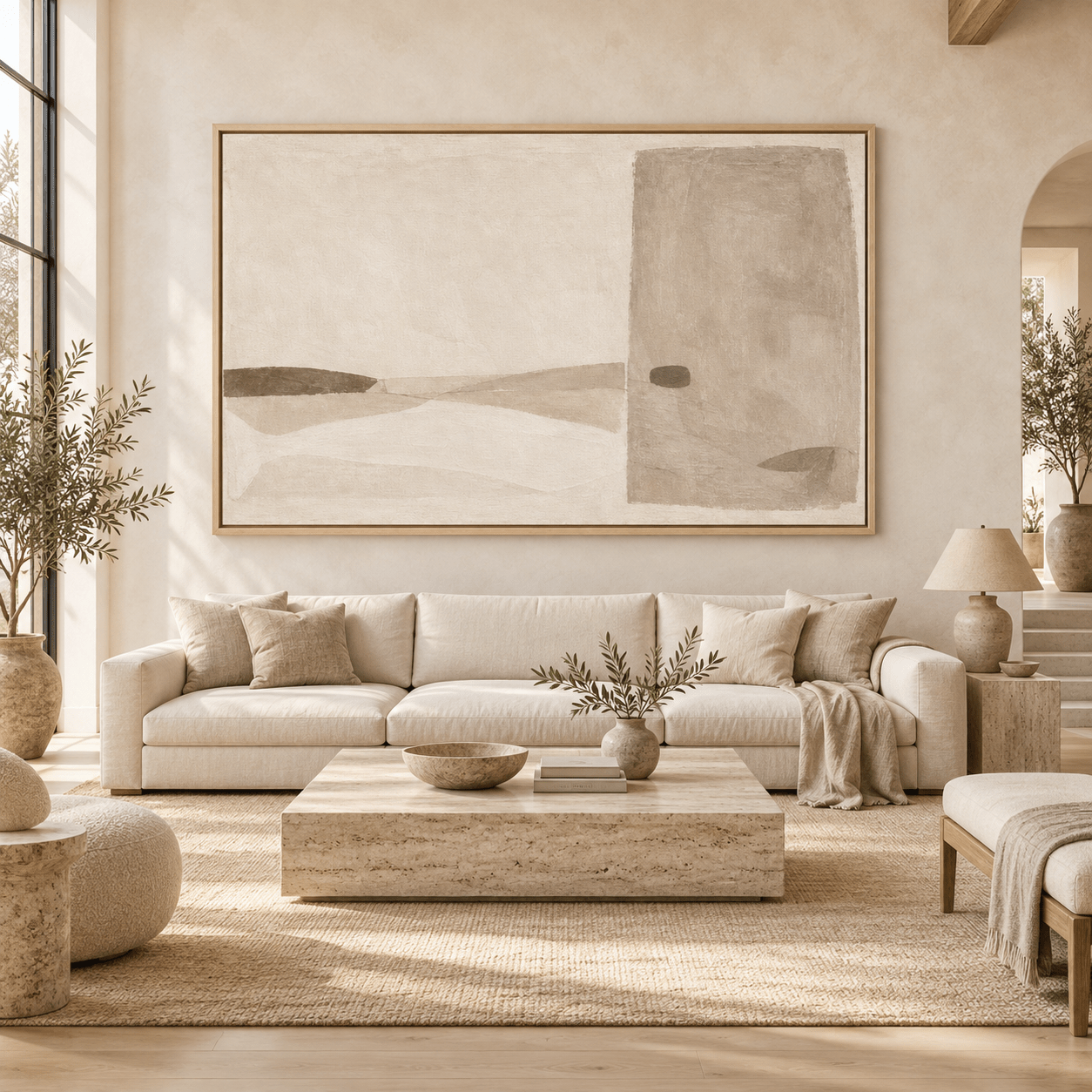 Taupe abstract art canvas print in a warm living room above a beige sofa — Quiet Threshold by Rossetti Art