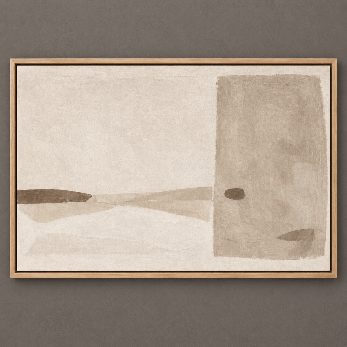 Framed taupe abstract art canvas print, studio wall shot — Quiet Threshold by Rossetti Art