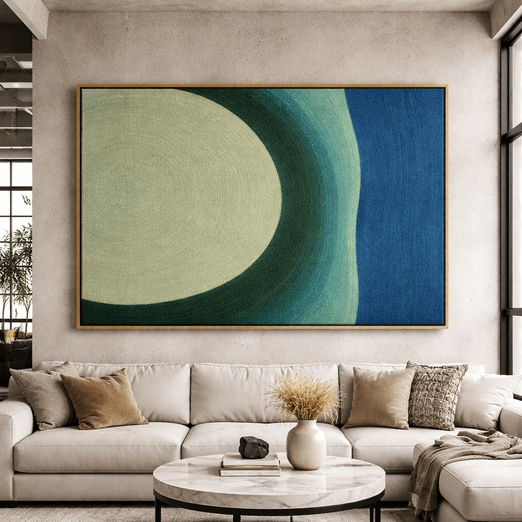 Teal Abstract Circle Canvas Art Horizontal – Velvet Orbit by Rossetti Art modern abstract canvas wall art by Rossetti Art – luxury interior design artwork for living room, bedroom, office – abstractnew Bedroom Canvas Prints Dining Room Wall Art