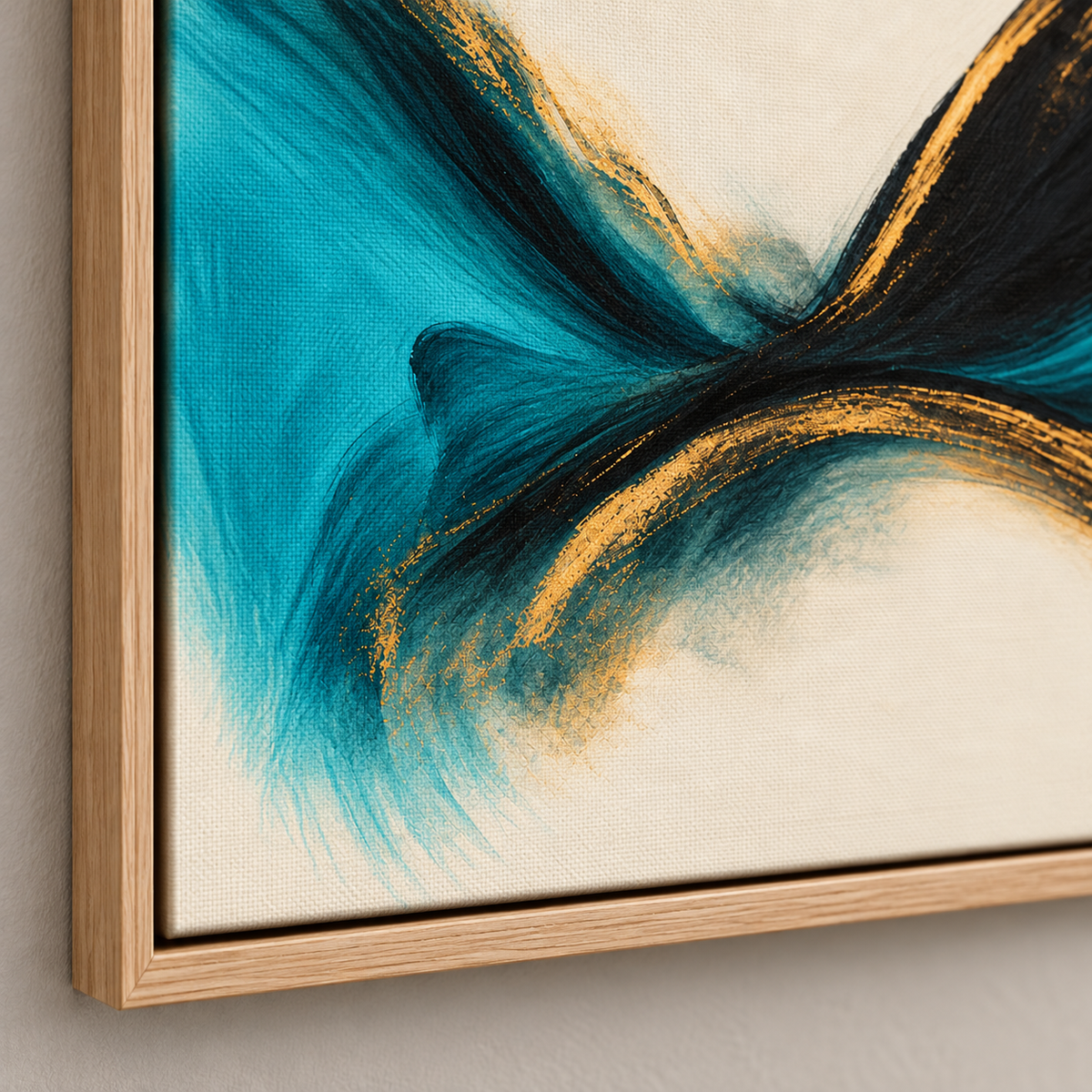 Teal and Black Abstract Wall Art – Close-up of Brushwork and Floater Frame Corner by Rossetti Art