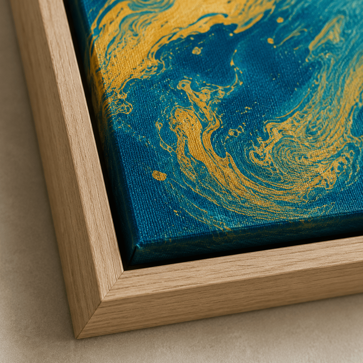 Teal and gold abstract wall art canvas print above a bed in a serene bedroom – Gilded Depths by Rossetti Art