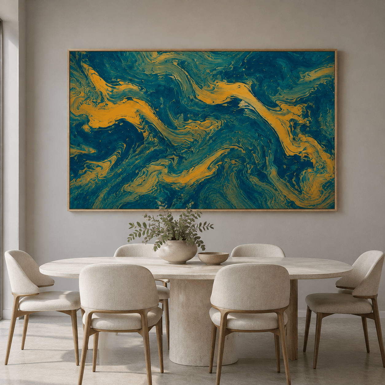 Teal and gold wall art canvas print in an oak floater frame above a dining table – Gilded Depths by Rossetti Art