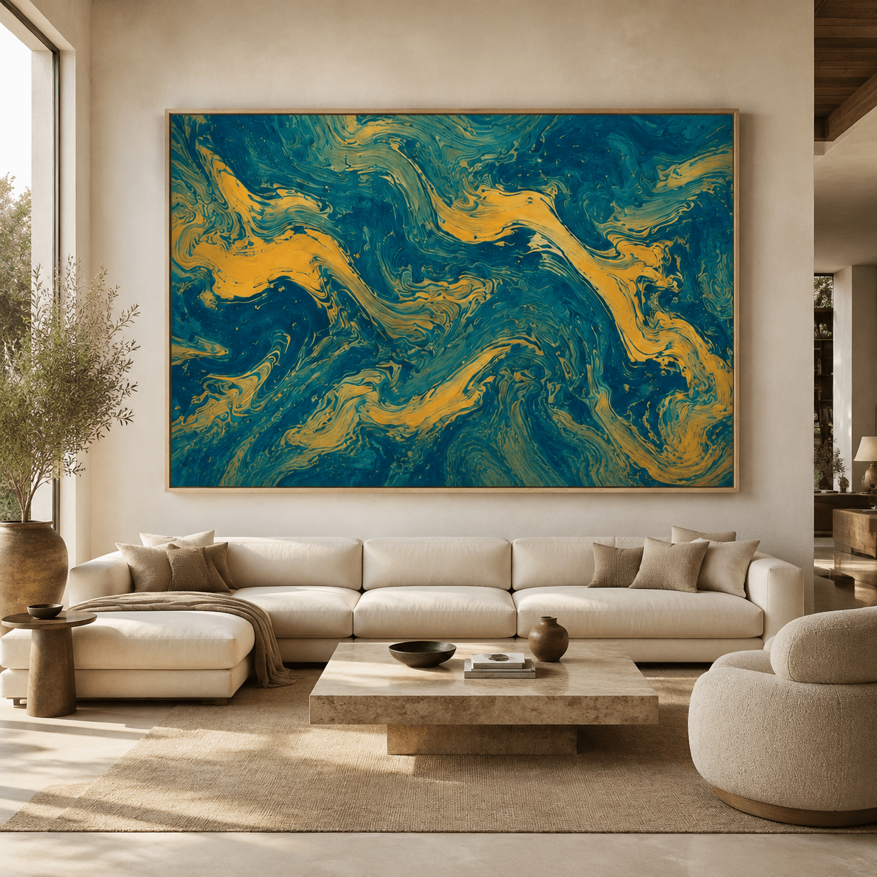Close-up swirl detail of teal and gold marbled abstract canvas texture – Gilded Depths by Rossetti Art