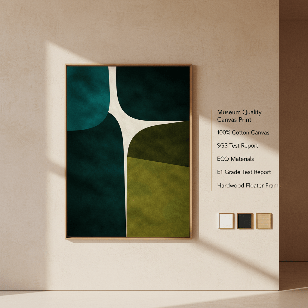 Abstract design with geometric shapes in teal, green, and beige on a dark background
