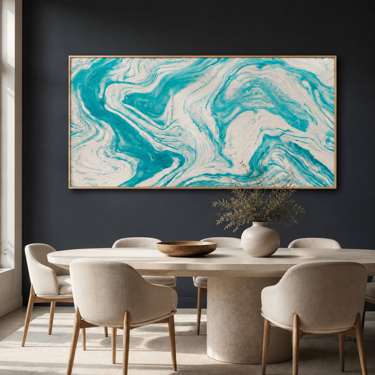 Close-up of teal and ivory marbled canvas print texture – Aegean Drift by Rossetti Art