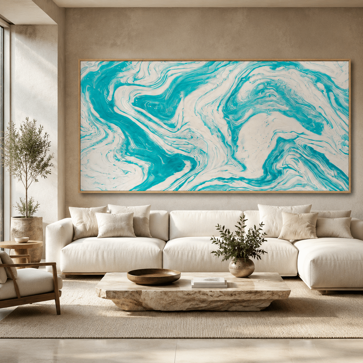 Teal marble wall art displayed above a living room sofa – Aegean Drift by Rossetti Art