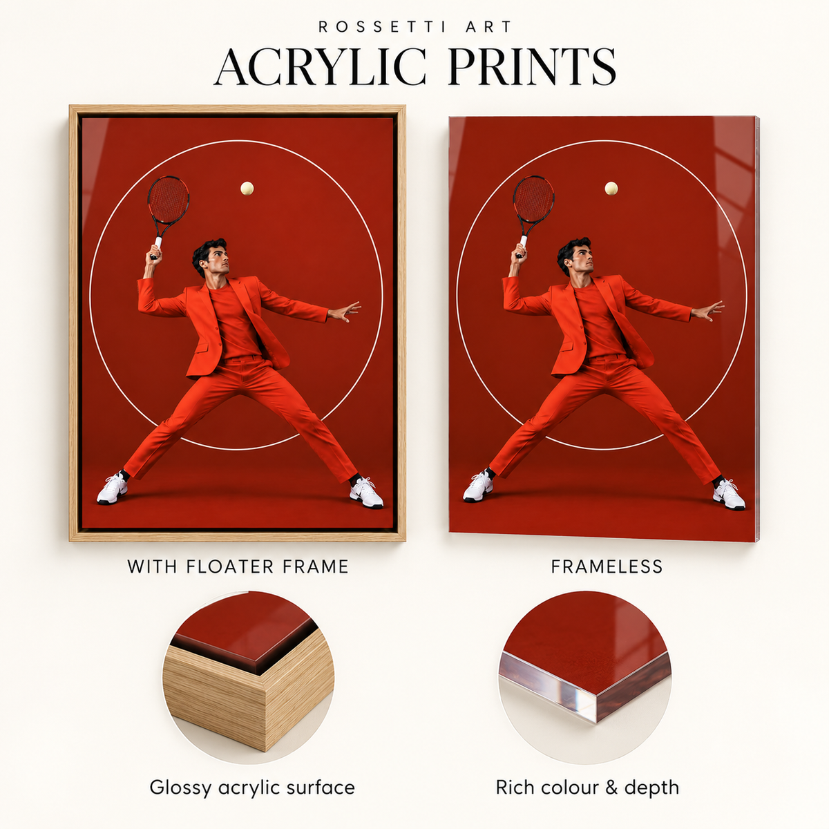 Tennis decor acrylic print shown framed and frameless with a glossy acrylic surface