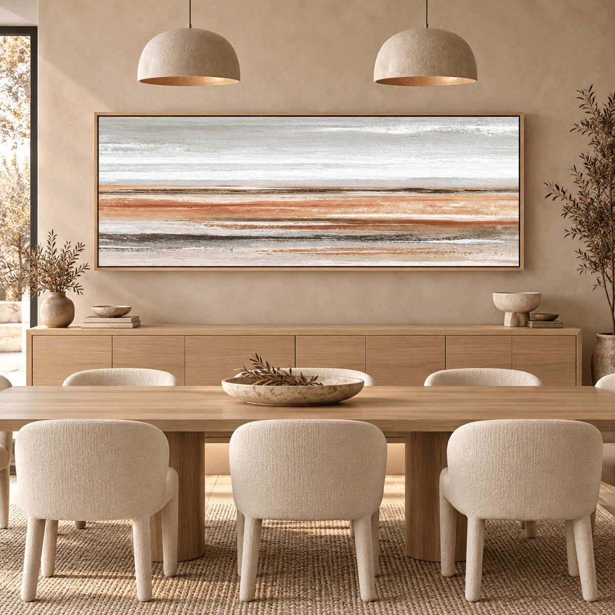Amber Horizon terracotta abstract painting hung in a bedroom — Rossetti Art