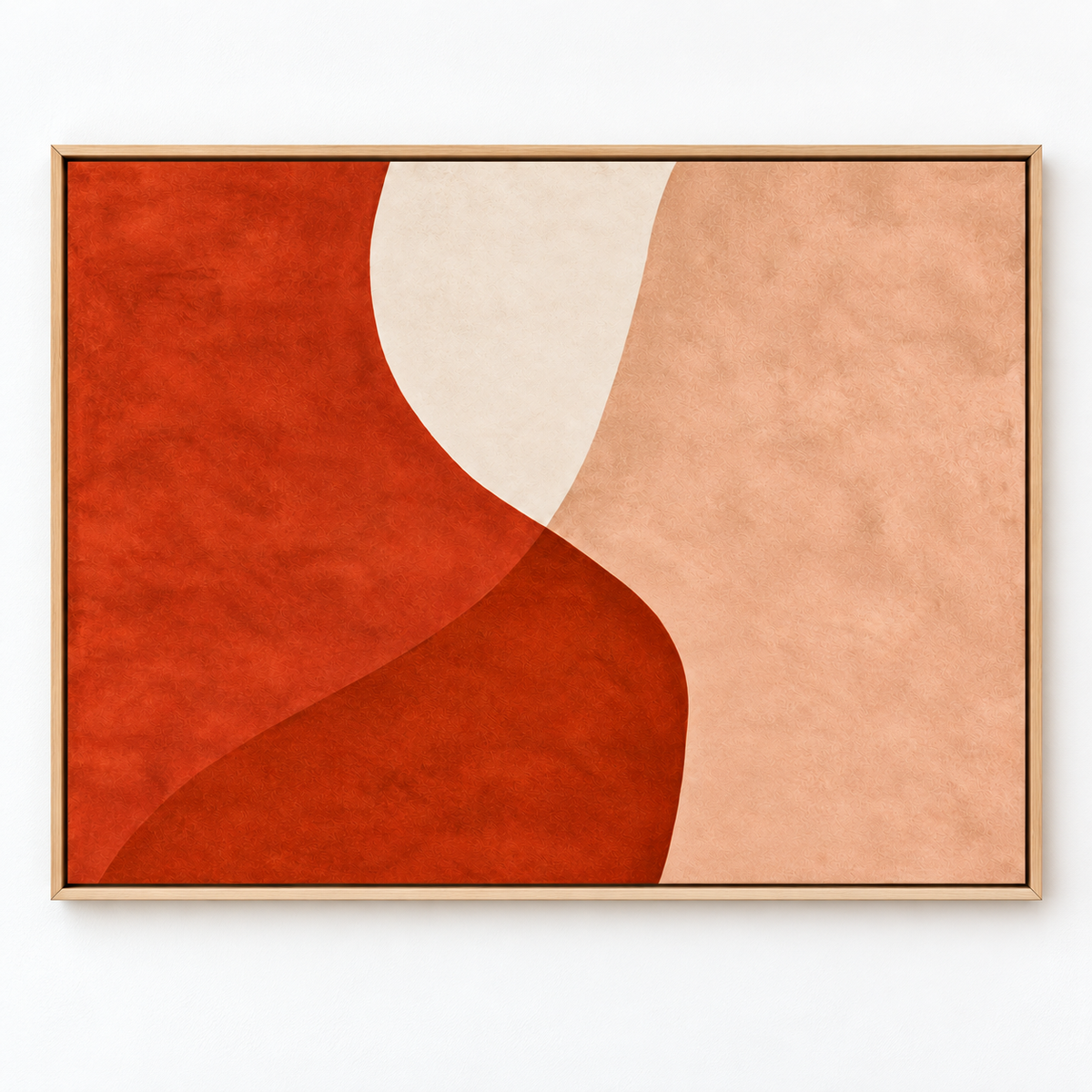 Terracotta Abstract Wall Art – Clay Tide canvas print by Rossetti Art, terracotta, rust wave, cream and blush peach in an oak floater frame