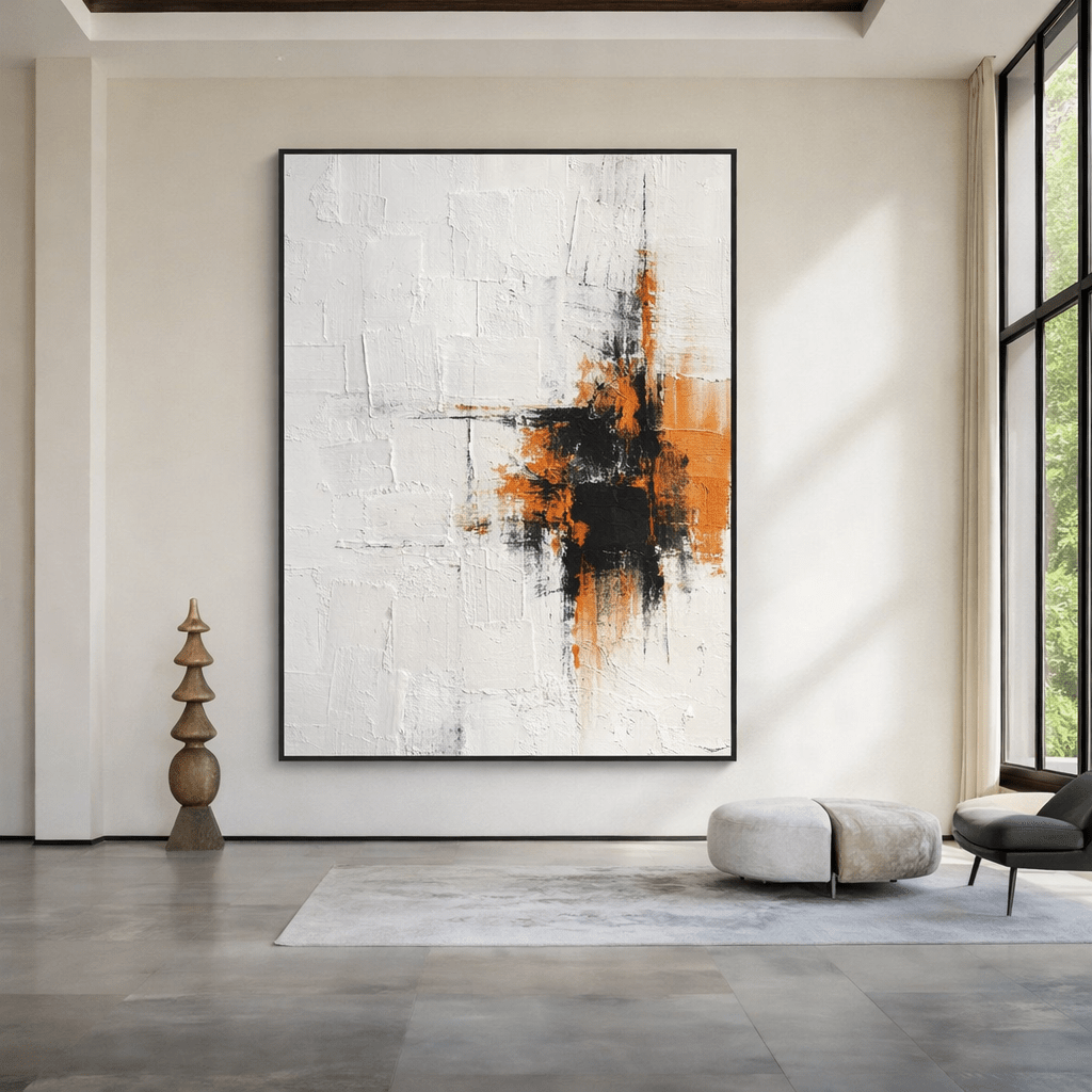 Textured Black White Orange Abstract Original Painting | Ember Axis by Rossetti Art modern abstract canvas wall art by Rossetti Art – luxury interior design artwork for living room, bedroom, office – Office Original Paintings original minimalist unique wall art decor