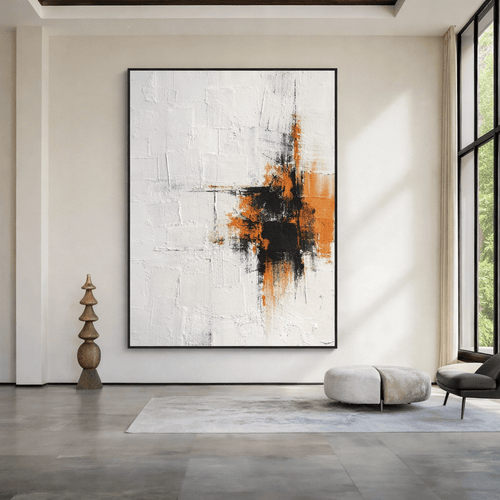 Textured Black White Orange Abstract Original Painting | Ember Axis by Rossetti Art modern abstract canvas wall art by Rossetti Art – luxury interior design artwork for living room, bedroom, office – Office Original Paintings original minimalist unique wall art decor