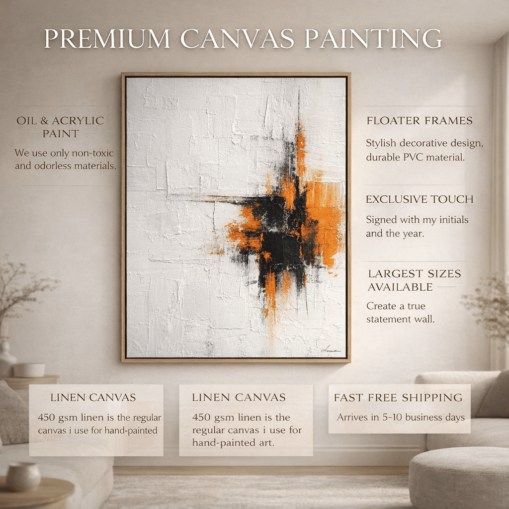 Textured Black White Orange Abstract Original Painting | Ember Axis by Rossetti Art modern abstract canvas wall art by Rossetti Art – luxury interior design artwork for living room, bedroom, office – Office Original Paintings original minimalist unique wall art decor
